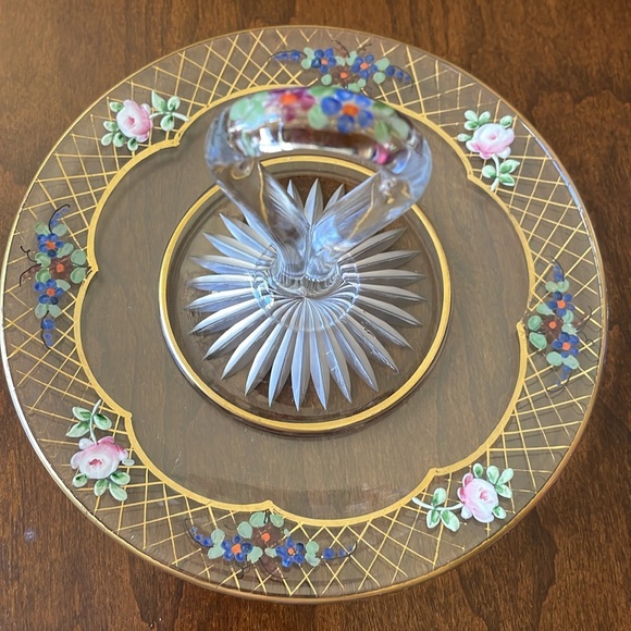 VTG hand painted glass Tidbit tray serving dish trinket 6.25” diameter - Picture 2 of 8
